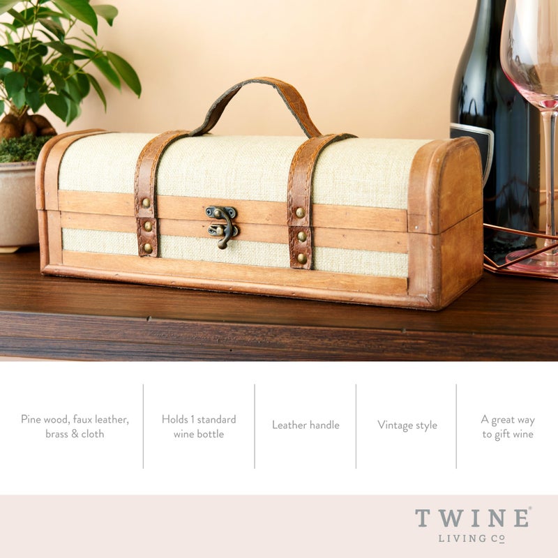 Twine Vintage Trunk Wine Bottle Gift Box, Wood Wine Box with Lid and Handle, Wood, Faux Leather, Brass, Cloth, Holds 1 Bottle - Image 2
